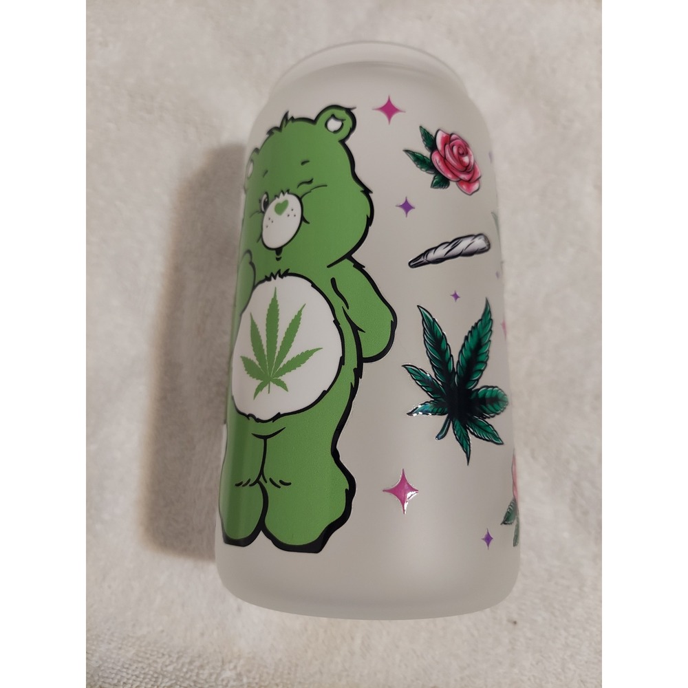 Care Bears Inspired Frosted Glass Can Cup w/Lid, Straw & Cleaner Novelty Gift‎